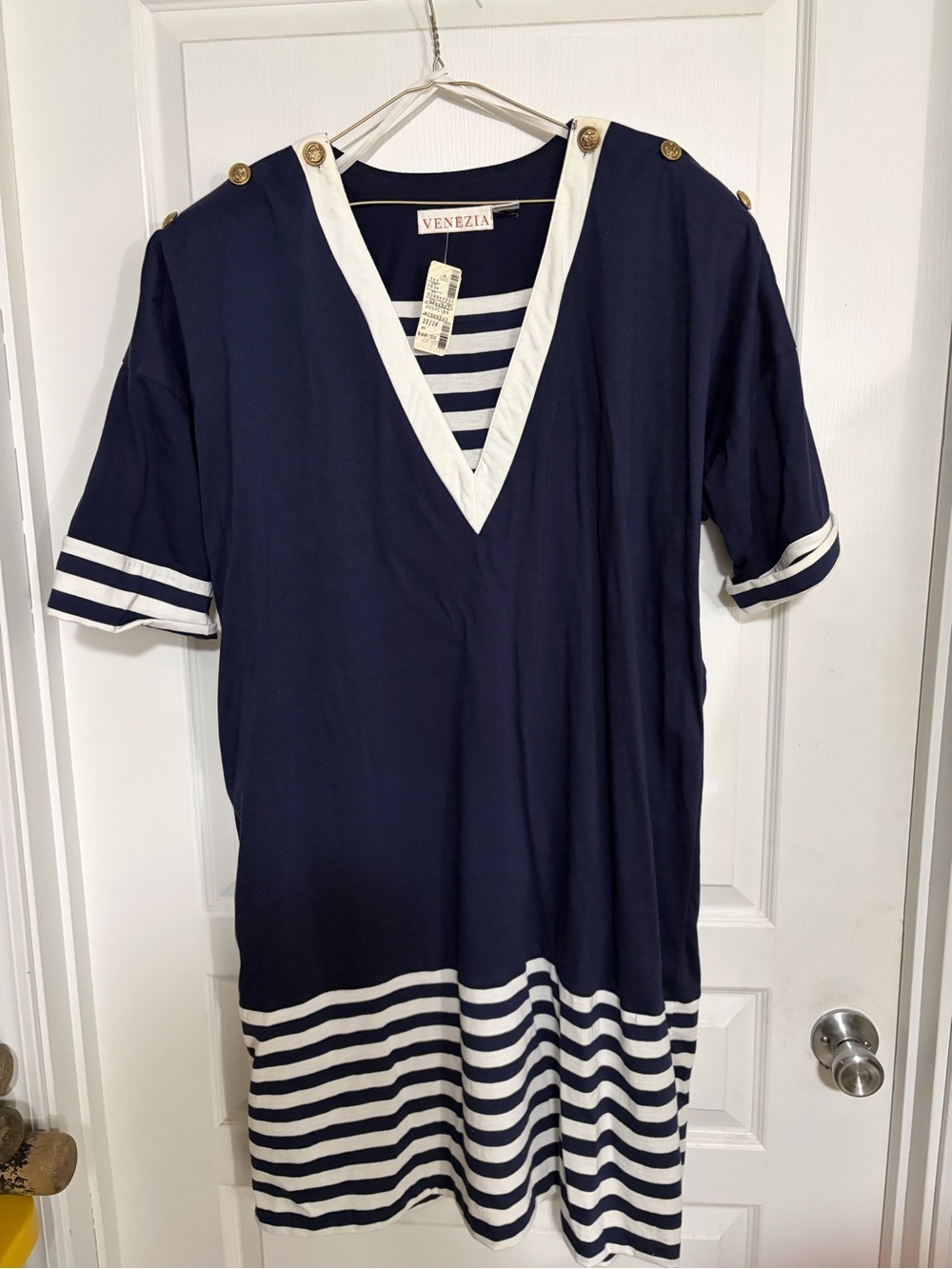 Lane Bryant Venezia Navy and White Striped V-Neck Dress with Gold Buttons